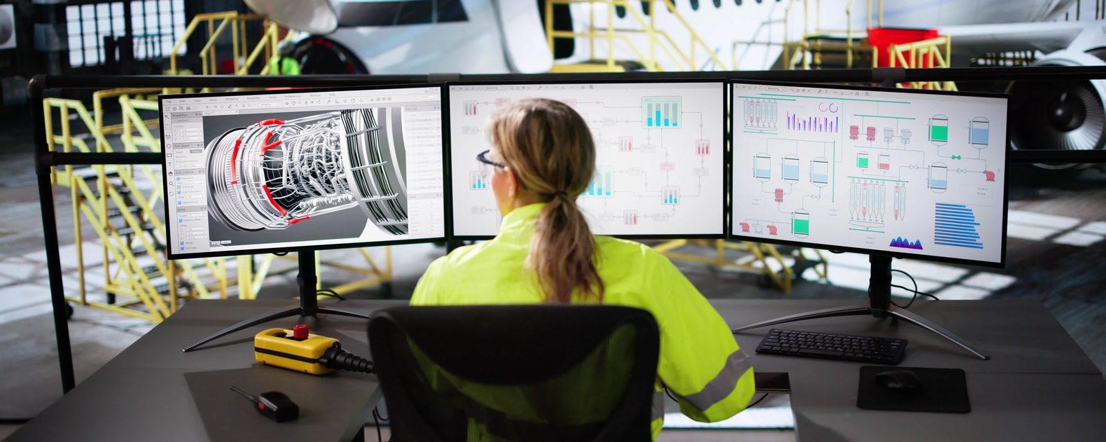 Engineer at a multi-screen workstation in an aircraft hangar