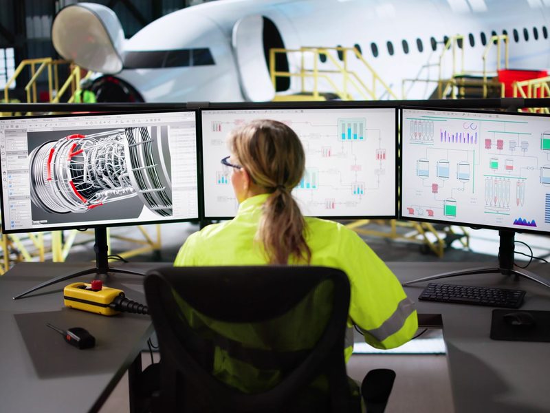 Engineer at a multi-screen workstation in an aircraft hangar
