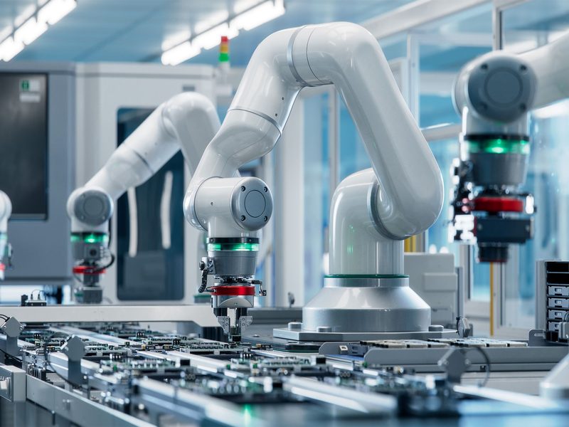 Robotic arms working on an automated assembly line